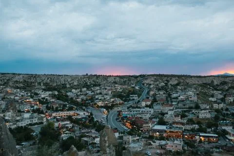Top view. A small authentic city called Goreme in Cappadocia in Turkey in the Stock Photos