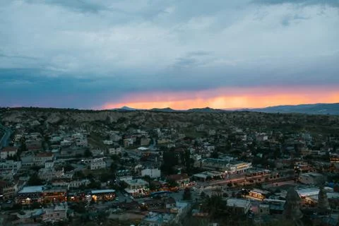 Top view. A small authentic city called Goreme in Cappadocia in Turkey in the Stock Photos