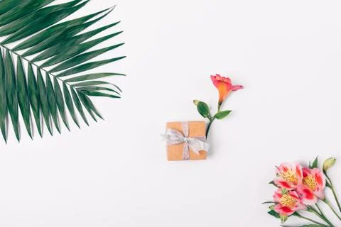 Top view small gift box and flower 库存照片