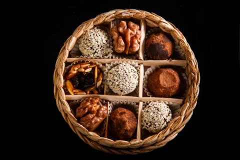 Top view on small handmade box filled with assorted useful handmade candies Fotos de archivo