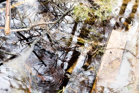 Top view of a small river with standing water. While raining and a beautiful Stock Photos