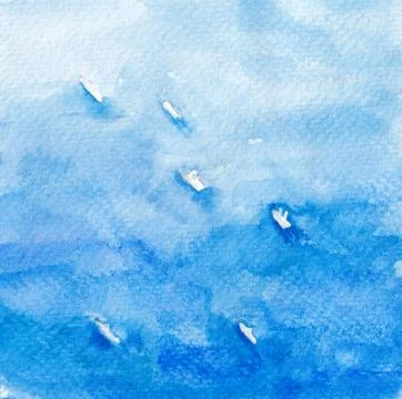 Top view small ships on the blue sea watercolor illustration Ilustração Stock