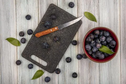 Top view of the small sour blue-black sloes on a bowl with sloes isolated o.. Stock Photos