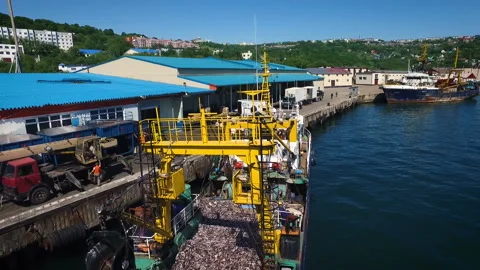 Top view of small vessel full of fish moored in the port. The pier, the trucks Video stock 85676954