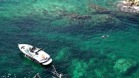Top view of a small white boat in the azure bay among the pines. Lone swimmer. Stock Footage 121315328