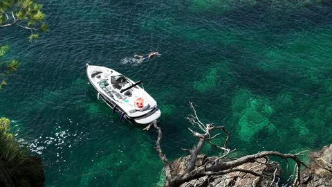 Top view of a small white boat in the azure bay among the pines. Lone swimmer. Stock Footage 121804572