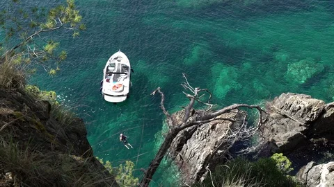 Top view of a small white boat in the azure bay among the pines. Lone swimmer. Stock Footage 121804928