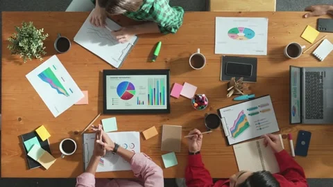 Top view of smart businessman present marketing idea at meeting. Convocation. Stock Footage 295467463