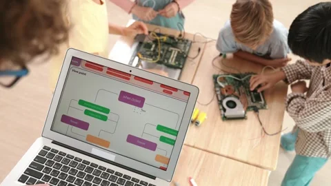 Top view of smart teacher coding prompt while children learning board. Pedagogy. Stock Footage 270432625