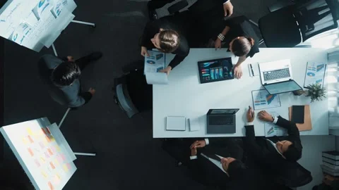 Top view of smart team standing blackboard and sharing strategy. Directorate. Stock Footage 274331797