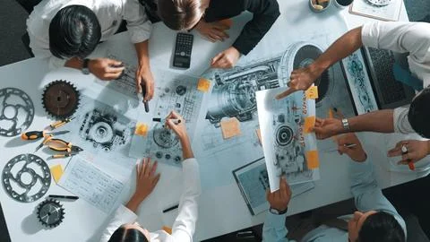 Top view of smart team working together to design turbine engine. Alimentation. Stock Photos