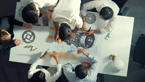 Top view of smart team working together to design turbine engine. Alimentation. Stock Photos