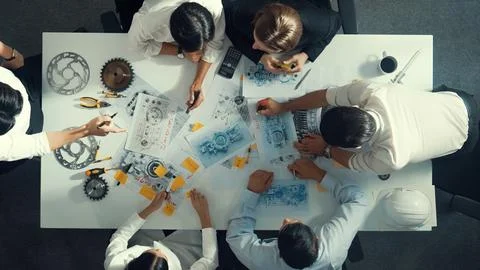 Top view of smart team working together to design turbine engine. Alimentation. Stock Photos