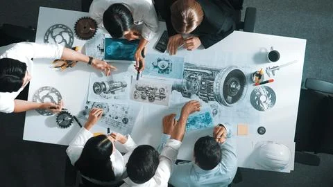Top view of smart team working together to design turbine engine. Alimentation. Stock Photos