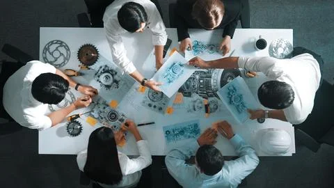 Top view of smart team working together to design turbine engine. Alimentation. Stock Photos