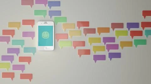 Top view smartphone with multicolored speech bubbles pattern Stock Photos