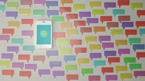 Top view smartphone with multicolored speech bubbles pattern Stock Photos
