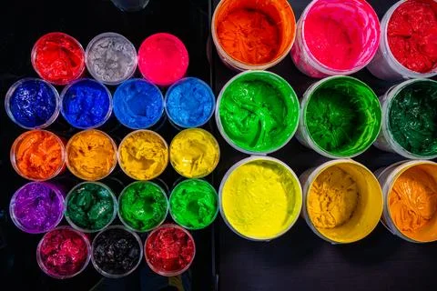 Top View of Smooth and Viscous Printing Inks in Rainbow Shades Stock-Fotos