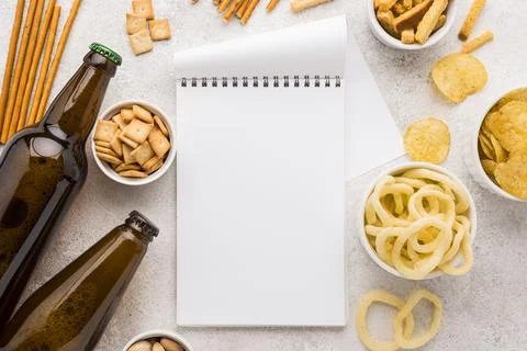 Top view snacks empty notebook Stock Photos