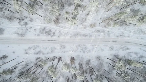 Top view of the snow-covered forest, the road in the forest 스톡 동영상 120192676
