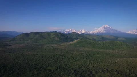 Top view of snow-covered peak, mountains, forests and fields Stock Footage 85677523