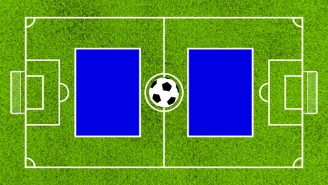 Top View Soccer Field Loop with Spinning Ball and Blue Screen Placeholders .. Stock Footage 335941899