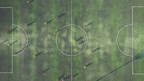 Top view of soccer player playing in green soccer field Video stock 129842655