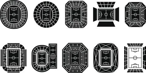 Top view soccer stadiums set. Different football arena designs, sport groun.. Stock Illustration