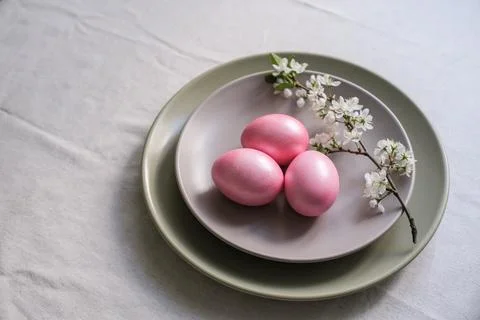 Top view of soft pink Easter eggs on a plate with a blossoming branch. East.. Stock Photos