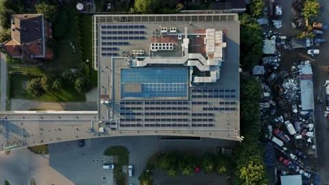 Top view of solar panels installed on the roof of an office building Gdansk Stock Footage 262558297