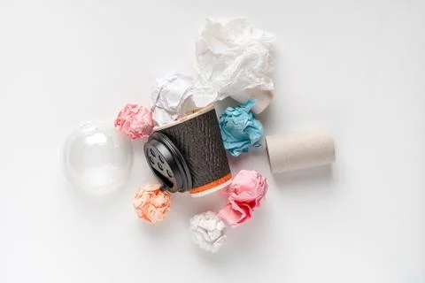 Top view some garbage of plastic and paper material, recycle to save environm Stock Photos