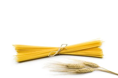 Top view of spaghetti bunch with ears on white background Stock Photos