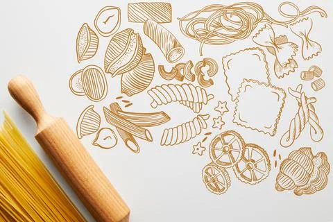 Top view spaghetti rolling pin Stock Photos