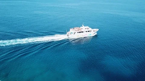Top view of a speed boat sailing in the clear blue sea, party on a white yacht Stock Footage 124782913