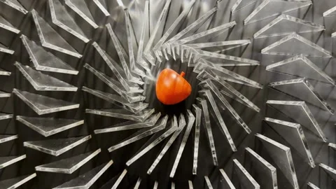 Top view on spiral geometric installation with metallic radial elements surround Stock Footage 334882135