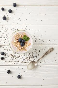 Top view spoon chia pudding Stock Photos