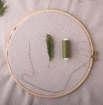 Top view of a spread out spring green twig, similar color threads and a needl Stock Photos