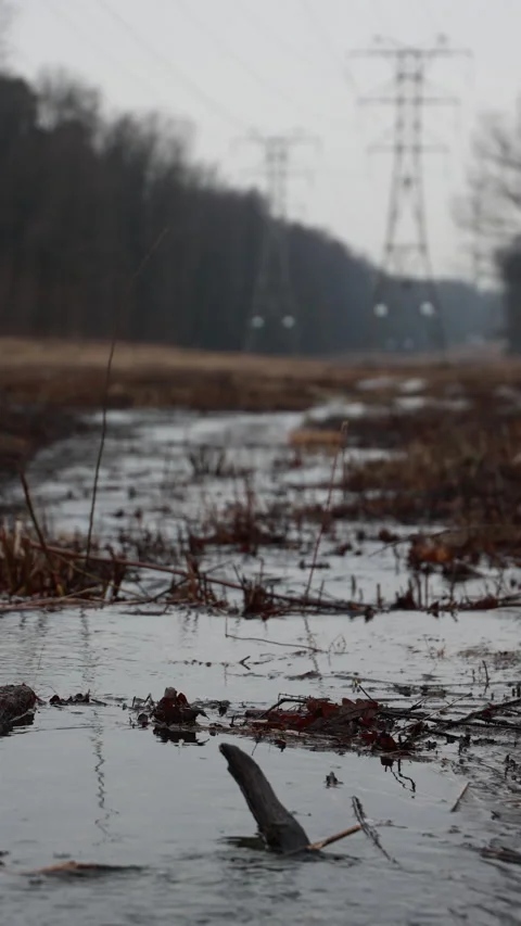 Top View Of A Spring Creek With Distant Blurred Power Lines Stock Footage 305827640