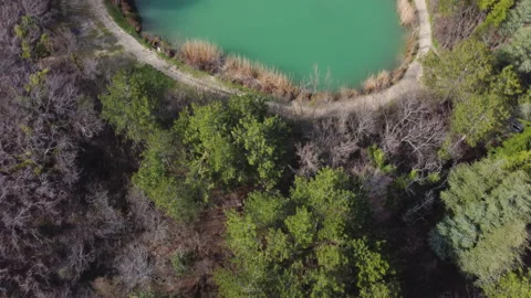 Top view of the spring forest and a beautiful small blue lake in the mountains Stockbeeldmateriaal 153346870