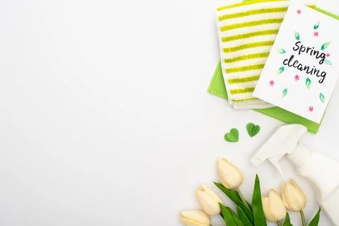 Top view spring tulips cleaning Foto stock