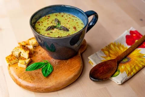 Top view of spring vegetable asparagus cream, a fresh classic italian vegan d Stock Photos