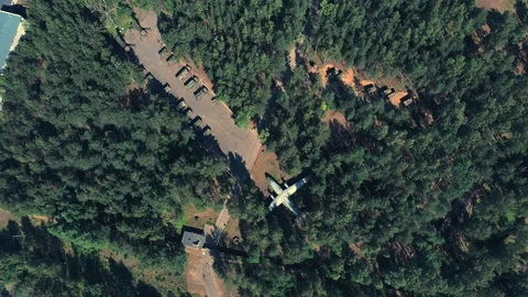 Top view spy drone shooting a russian military base with airplanes Stock Footage 113193673