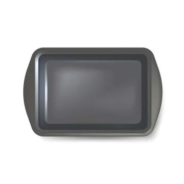 Top view of square black plate. Empty plastic tray. Metal tray salver with Ha Stock Illustration