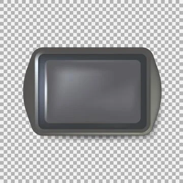 Top view of square black plate. Empty plastic tray. Metal tray salver with Ha Stock Illustration