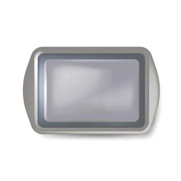 Top view of square black plate. Empty plastic tray. Metal tray salver with Ha Stock Illustration