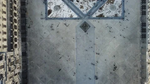 Top view of a square filled with people near the Pyramide du Louvre in Paris. Stock Footage 188095129