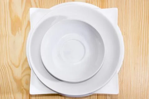 Top view of stack of dishes different shapes and sizes Stock Photos