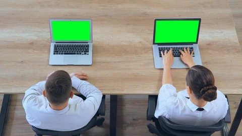 Top view staffe sitting at the desk using laptop Stock Footage 118196660
