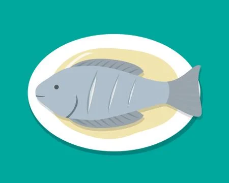 Top view Steamed Fish on white plate, vector Stock Illustration