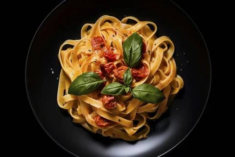  Top view of steaming fettuccine adorned with prawns and tomatoes, symboli... Stock Photos
